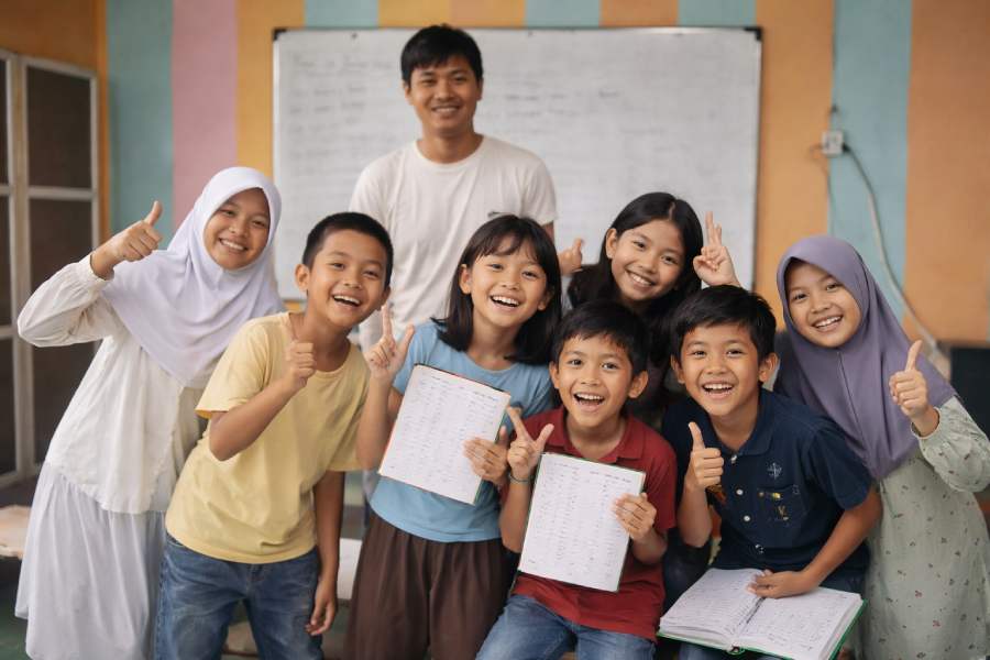 Anak-anak peserta Program Bimbel Berdikari menunjukkan perkembangan belajar mereka di Solear