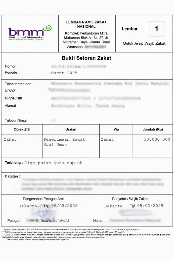 contoh bukti setoran zakat BMM Baitulmaal Muamalat pengurang pajak penghasilan
